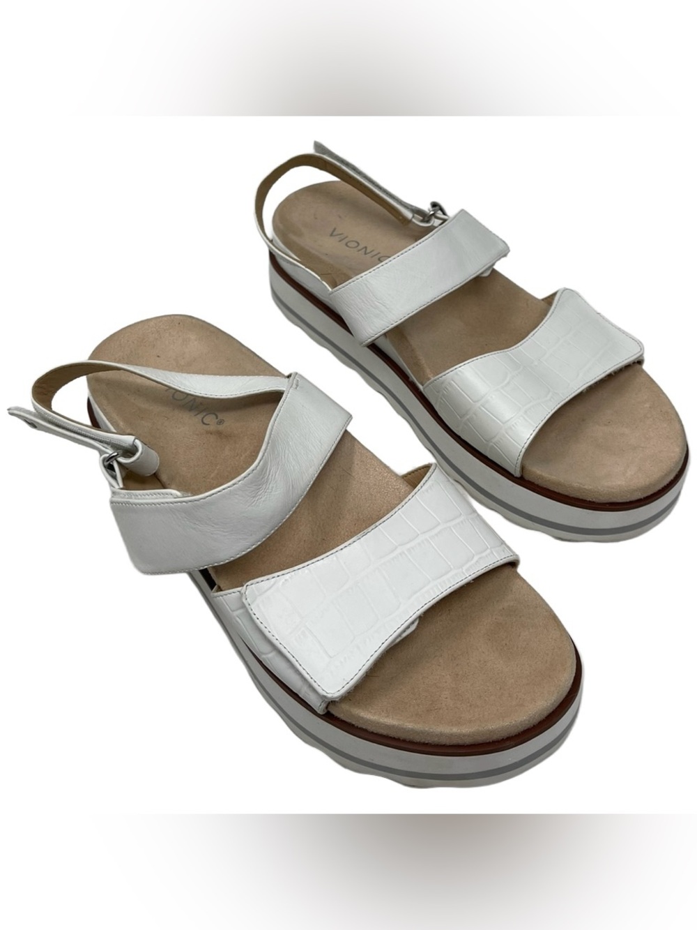 Vionic “Brielle” Platform Sandal White Snake-Embossed Leather Women’s Size 8.5